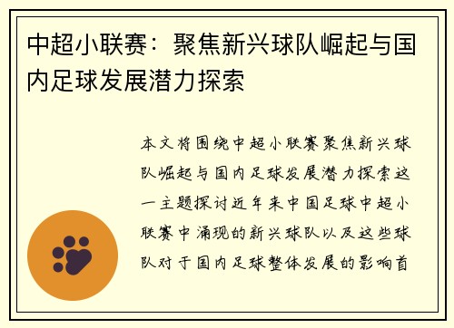 中超小联赛：聚焦新兴球队崛起与国内足球发展潜力探索